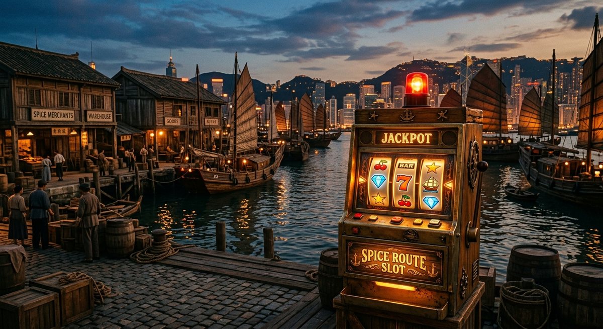 old port city waterfront at dusk with wooden junks and spice warehouses, a vintage slot cabinet styled as harbor beacon with glowing reels and diamond symbols, warm orange glow, no text