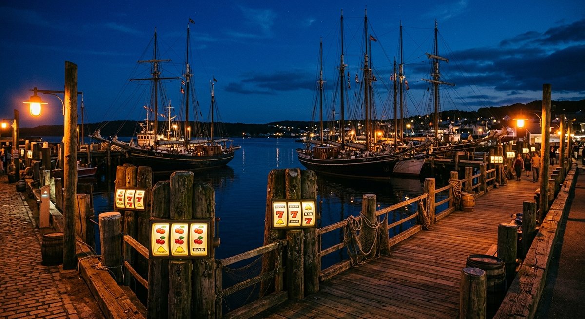 night harbor with old sailing ships anchored at wooden docks, slot machine reel windows glowing on dock pilings with cherry seven bell BAR symbols, orange harbor lamps and deep blue sky, no text