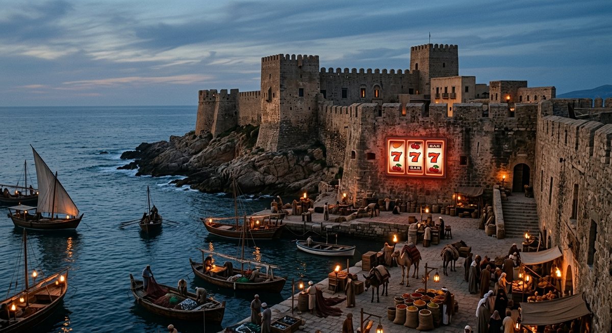 old stone fortress walls by the sea at dusk with fishing boats and spice traders, a glowing slot machine reel window with seven and cherry symbols on the fortress wall, no text