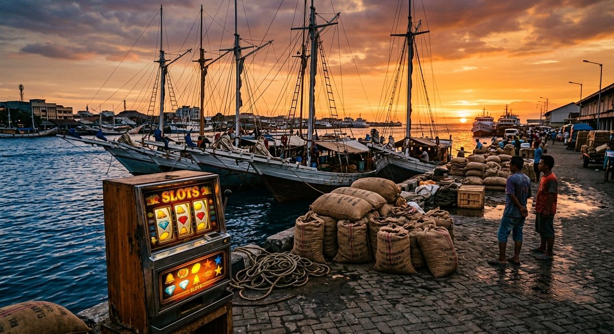 makassar harbor with traditional pinisi schooners moored at the quay, clove sacks on the dock, slot cabinet glow with bell and diamond symbols, orange evening light over deep blue sea, no text
