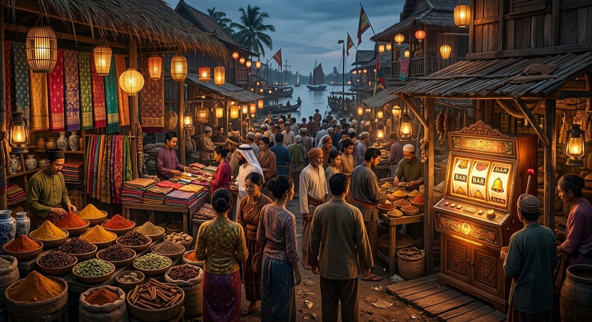 bustling ancient southeast asian port market with merchants from many cultures, spice piles and fabrics, glowing slot cabinet with BAR and bell symbols at the market corner, warm lantern light, no text