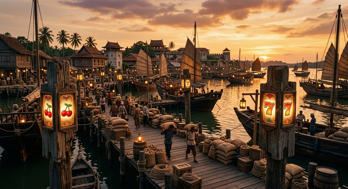 malacca sultanate era harbor with wooden junks and spice sacks on the dock, slot reel windows glowing with cherry and seven symbols on lantern posts, golden dusk light, no text