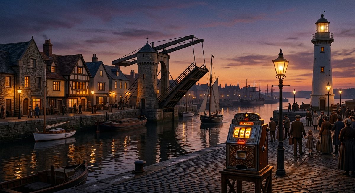old colonial harbor quarter with a lighthouse tower and drawbridge over a river, vintage slot machine with glowing bell and cherry symbols on the quay, warm lamp light at dusk, no text