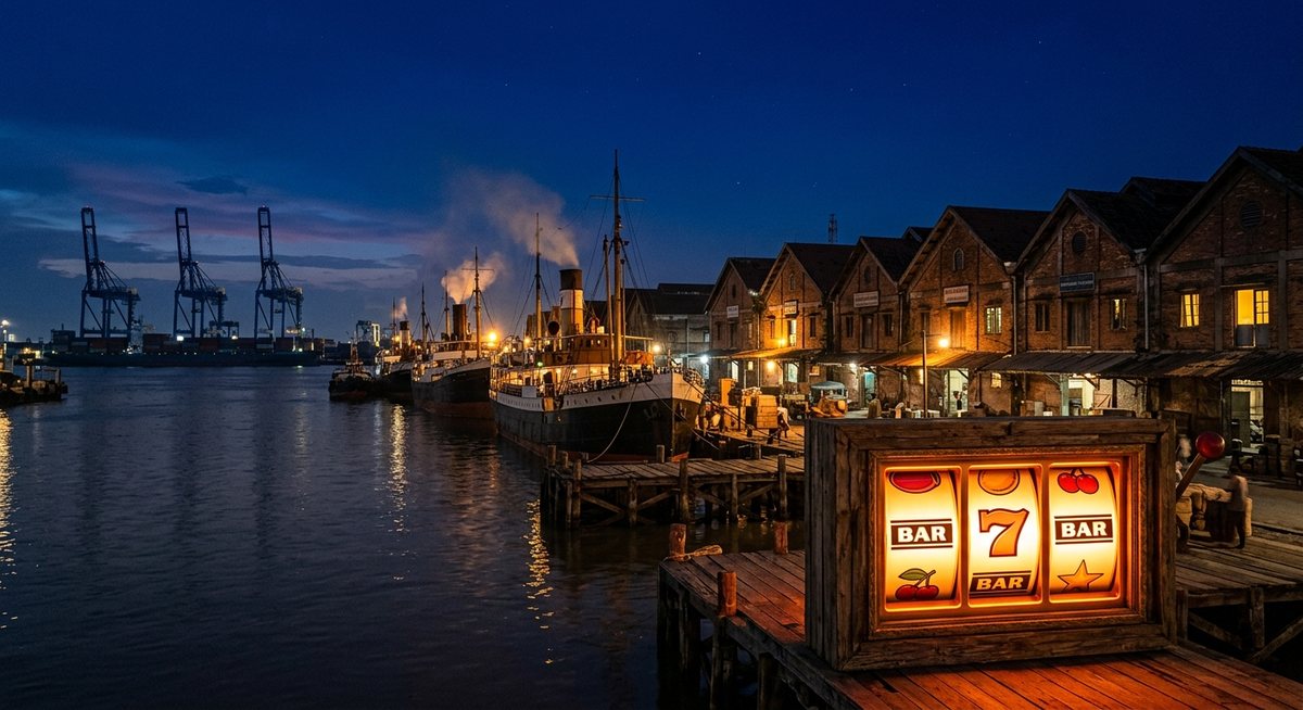 surabaya old port at night with steamships and riverside warehouses, container cranes silhouette in distance, slot reel window with BAR and seven symbols glowing orange on the dock, deep blue night, no text