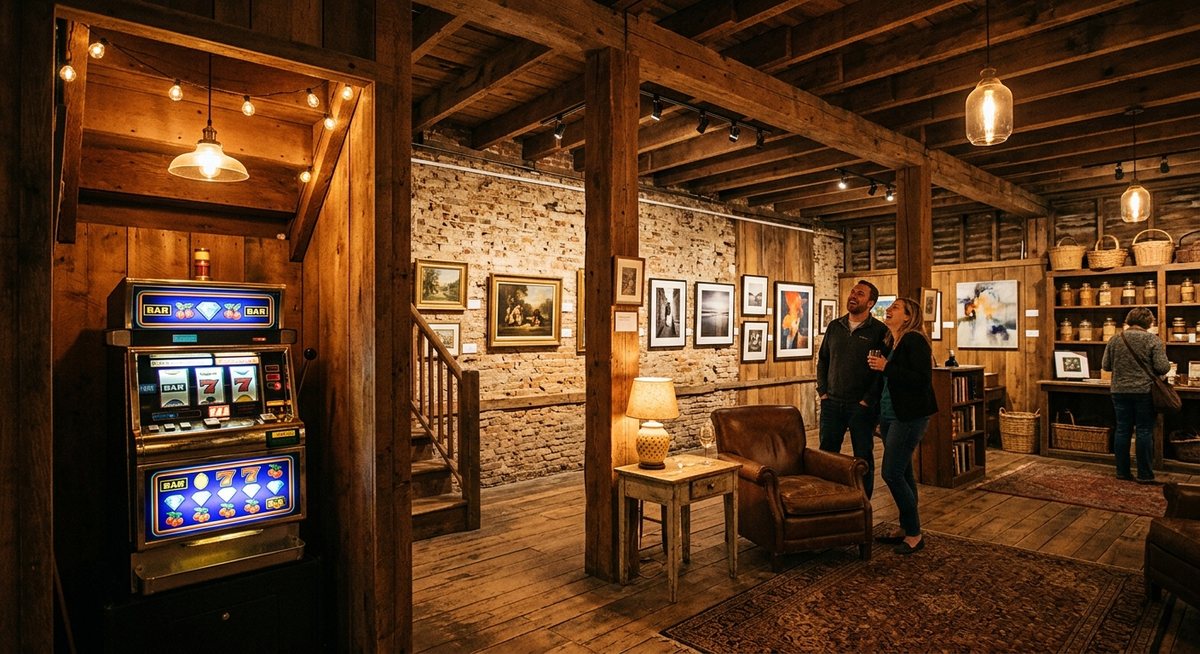 old spice warehouse interior turned into a cozy gallery with wooden beams, a glowing slot cabinet with BAR and diamond symbols in the corner, warm lamp light, no text