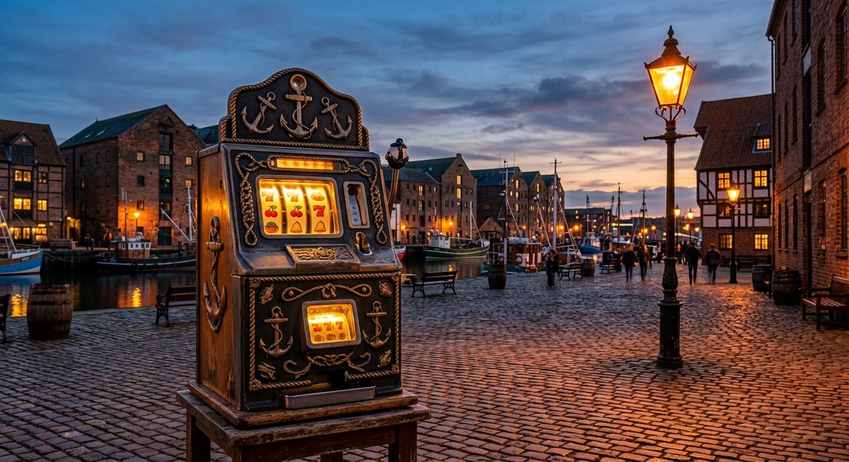 heritage harbor town square at dusk with old lamp posts and warehouses, vintage slot machine decorated with anchor ornaments and glowing reels with cherry symbols, warm orange light, no text